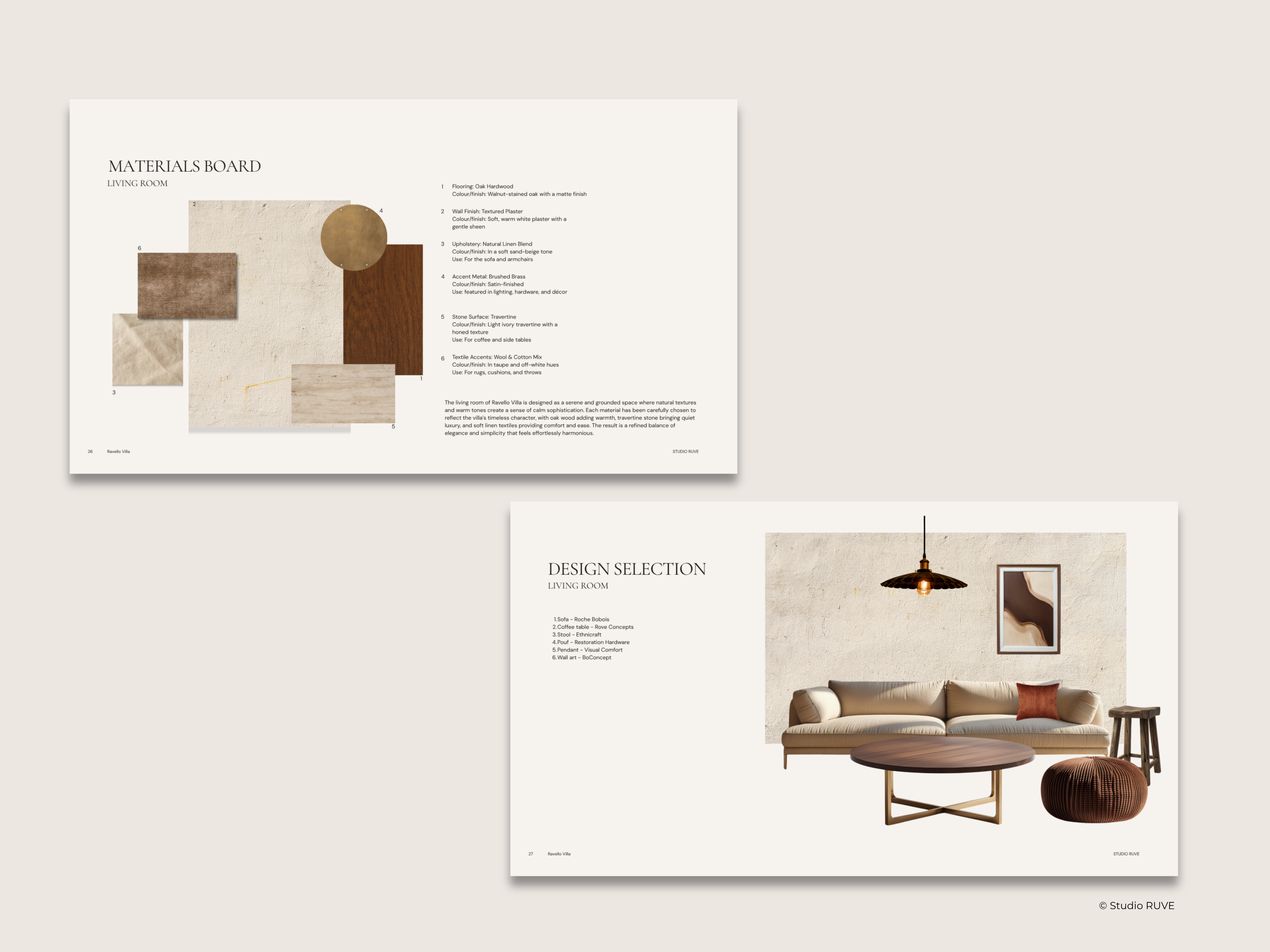 Client Presentation and Concept Design Template Preview. Materials board and Design Selection for Living Room.