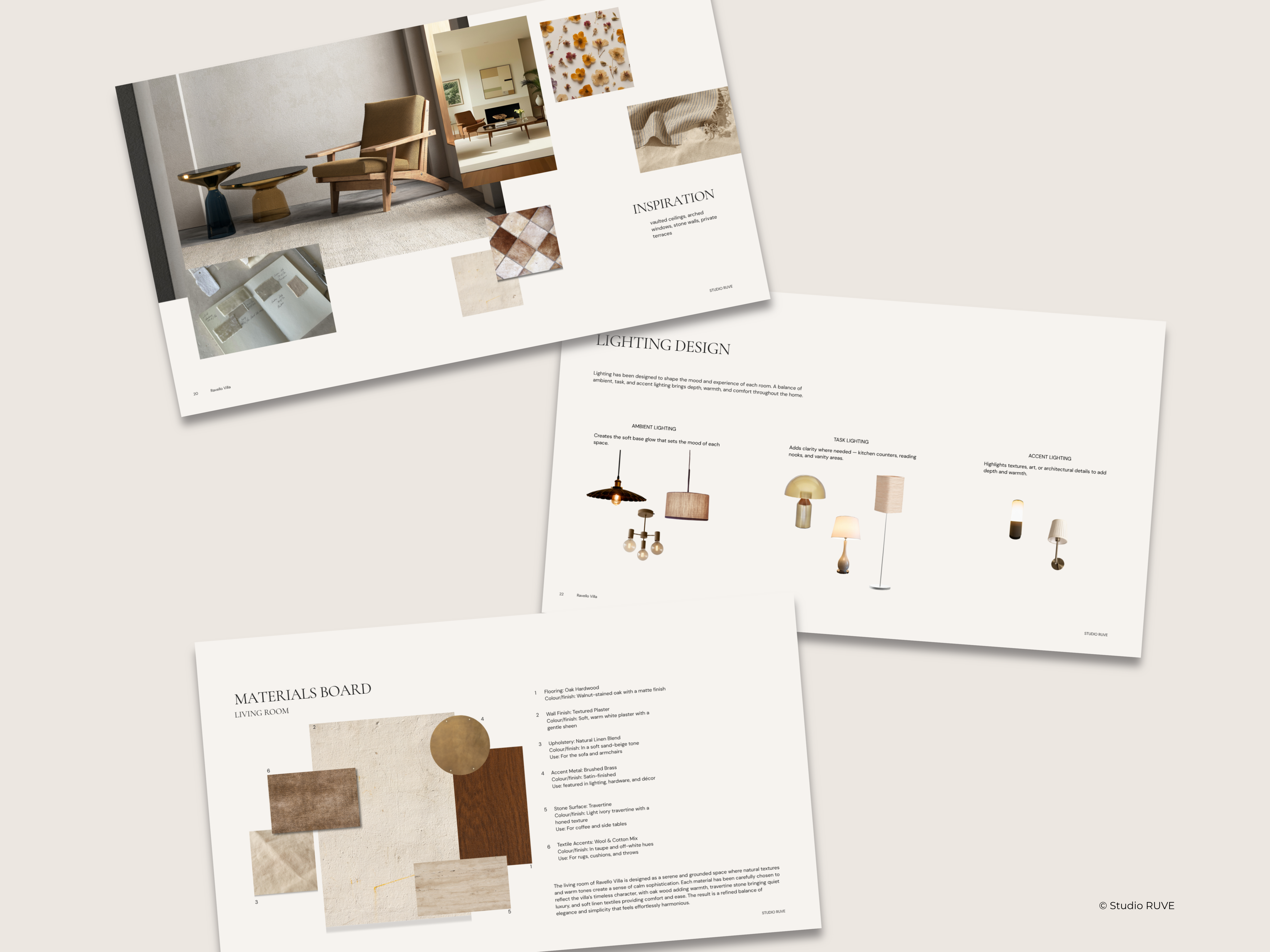 Client Presentation and Concept Design Template Preview. Inspiration, moodboard, Lighting design and materials board for interior designers.
